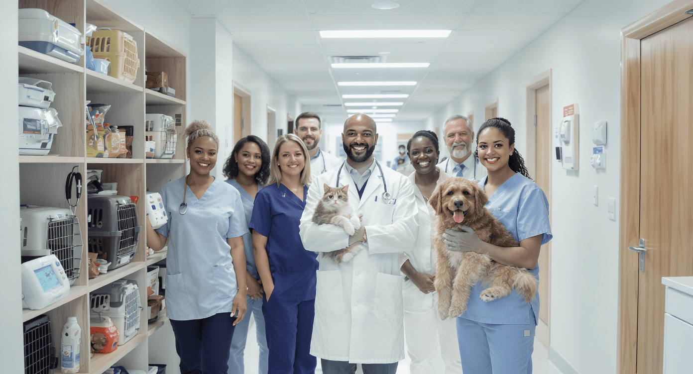 Licensed veterinary team with pets